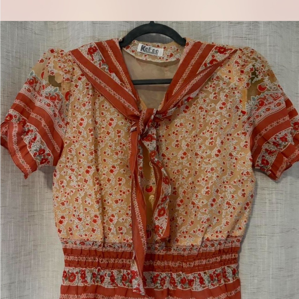 Vintage Floral Sheer Blouse with Tie Neck